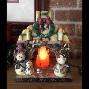 Rare VTG Flaming Candle Fireplace Snowman Light
